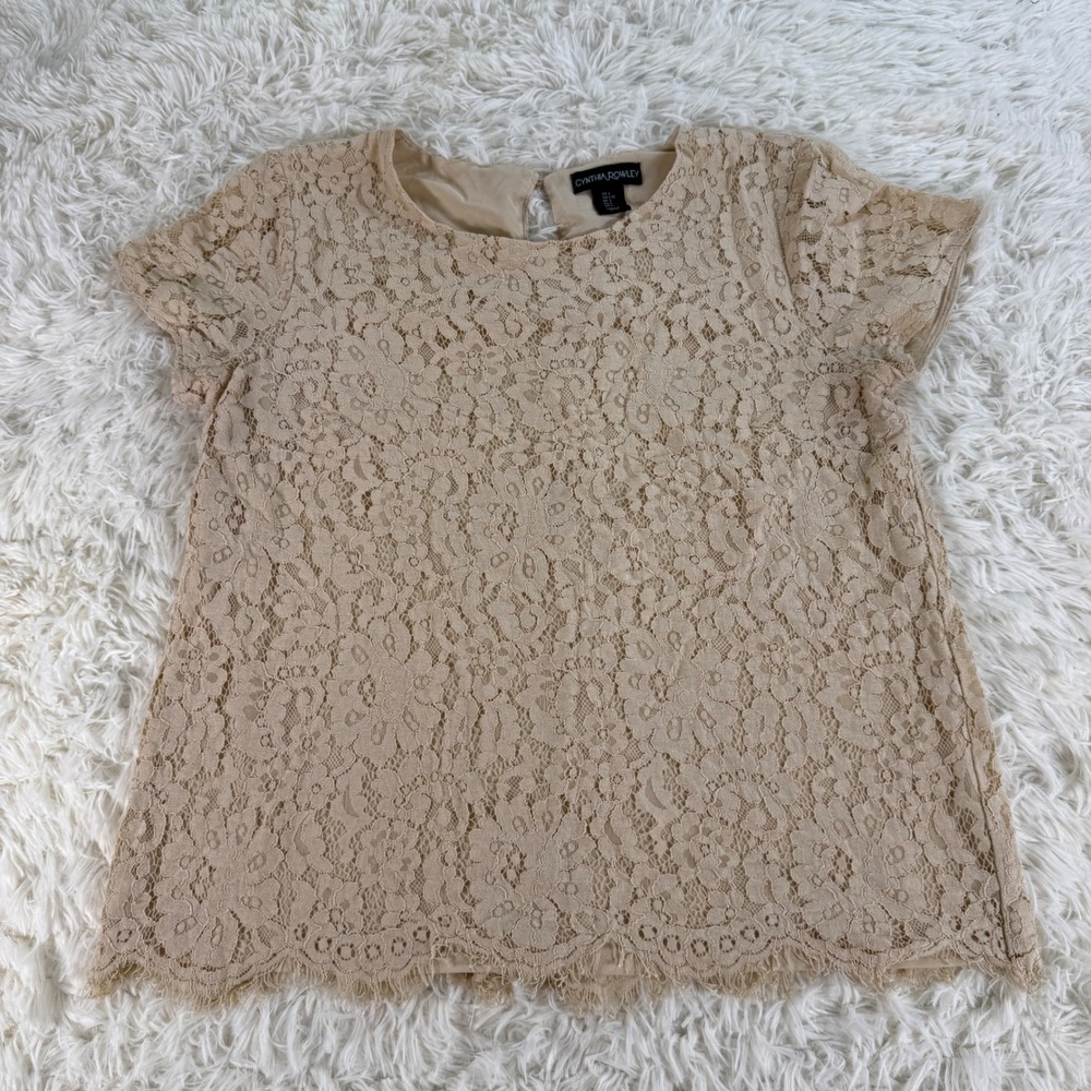 Cynthia Rowley Women's Large Lace Blouse Tan Beige Floral Lined Top Romantic